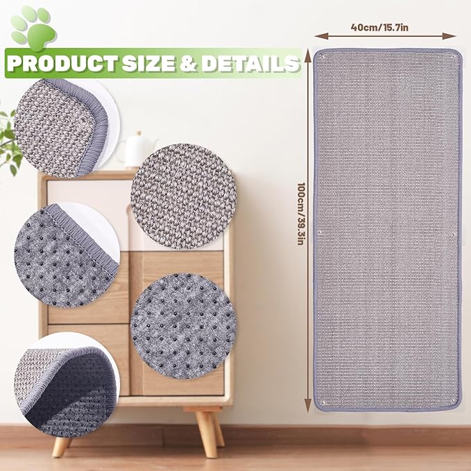 Natural Sisal Cat Scratcher Mat, Wall Scratcher Carpet, Cat Climbing Wall, Large Tall Scratching Post, Sofa Protector, Scratching Mat Pad for Indoor Cats (Gray, 39.3" Lx15.7 W, 2PCS)