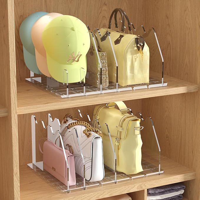 purse organizer for closet Sleek Transparent Acrylic Adjustable Organizer -shelf dividers Multifunctional for Home & Office Spaces (8 Baffles + 1 Hat Stand (Clear, 8+2)