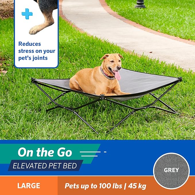 Coolaroo On-The-Go Elevated Dog Bed - Foldable Pop-Up Travel Dog Bed with Breathable, Moisture-Resistant Fabric, Carry Bag Included, Lightweight & Portable, Steel Gray, Large