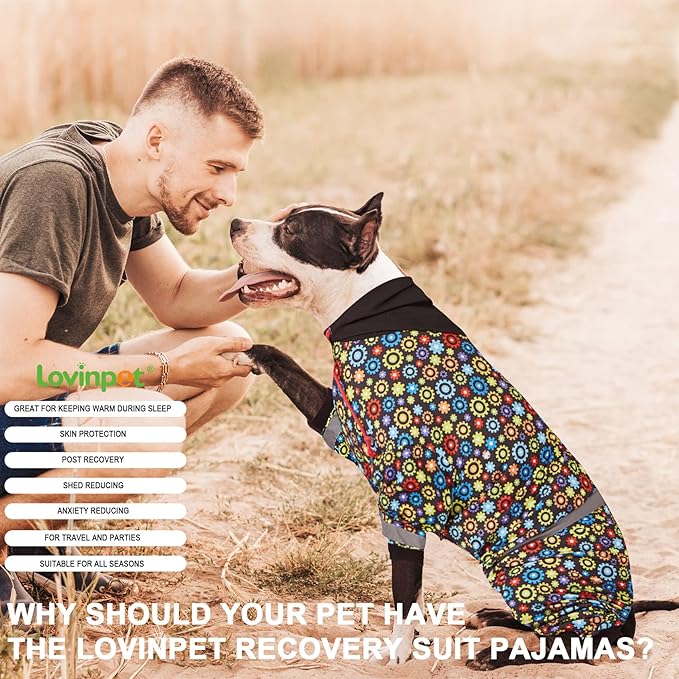 LovinPet Large Big Dog Onesies, Wound Care/Post Surgery Dog Shirt, Stop Shedding for Dogs, Pet Anxiety Relief Pajamas, PJ's for Dogs, Reflective Stripe, Gears and Black Print, Pet PJ's, M