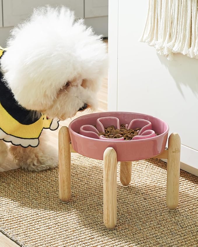 LE TAUCI Ceramic Slow Feed Dog Bowls, Elevated for Small and Medium Breed Dogs, Anti-Gulping Pet Feeding Dishes, Flower Pink, 1.5 Cups