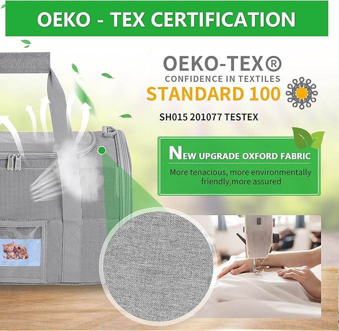 Product with OEKO-TEX certification and text about new upgrade Oxford fabric.