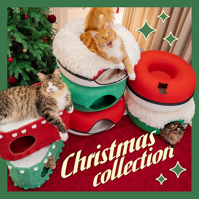 Cattasaurus Peekaboo Cat Cave Donut for Multiple & Large Cats up to 30-45 lbs, 3-in-1 Self Warming Cat Bed, Tunnel & Scratcher for Indoor Cats, Washable & Detachable Dog Bed (Ruby Snowball, Large)