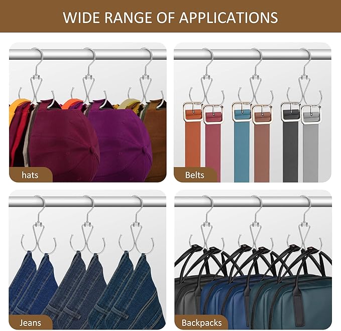 ZEDODIER 6 Pack Purse Hanger Bag Organizer for Closet, Heavy Duty Rotatable Purse Holder with 12 Storage Capacity, Bag Storage Rack for Purses Bags Backpacks, Silver