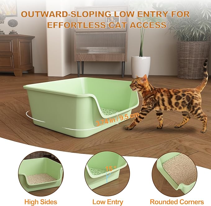 Open-Top Large High Sides Cat Litter Box with Low Entrance, Suitable for Small and Elderly Cats, Anti-Splash, 19.8” x15.6”x7.3” for Indoor Use (Green（Fluorescent Lime Green）)