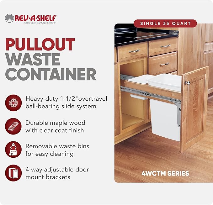 Rev-A-Shelf Top Mount Single Pullout Under Cabinet 35 Quart Kitchen Trash Cans with 150 Pound Rated Full-Extension Slides, 4WCTM-12DM1