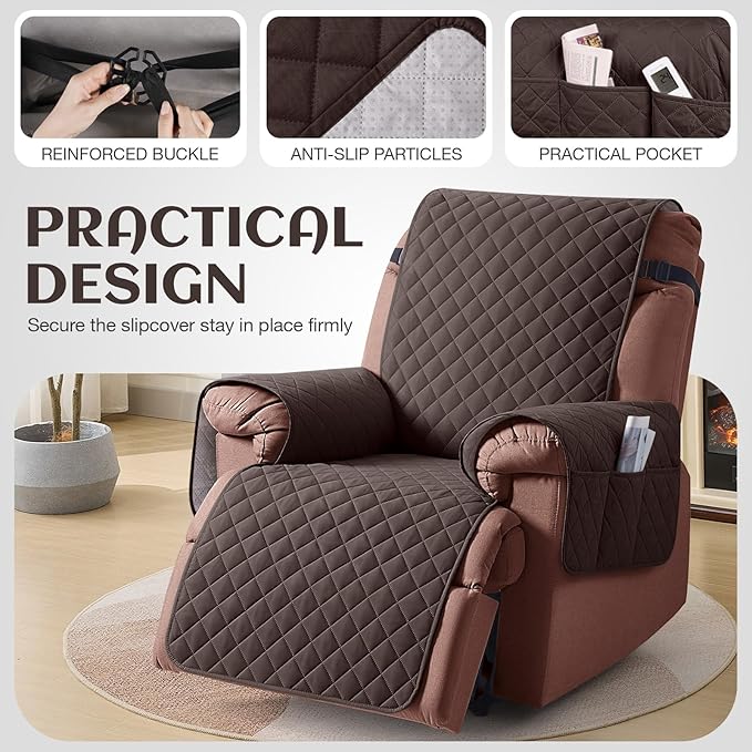 KinCam 100% Waterproof Recliner Chair Cover, Reclining Couch Covers for Pets, Dogs, Recliner Couch Slipcover Furniture Protector with Elastic Straps for Kids(23.6", Chocolate)