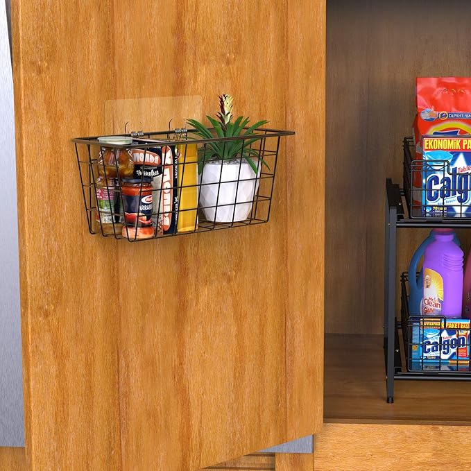 MaraFansie Hanging Kitchen Baskets Wire Storage Basket Over the Cabinet Door Organizer, No Drilling Adhesive Basket for Cabinet Pantry Organization and Kitchen, Bathroom, Storage, 2 Pack, Black