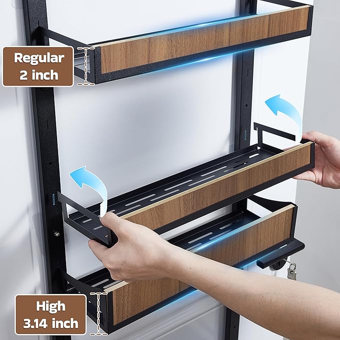 Fulifix Over The Door Pantry Organizer with Solid Wooden Baskets, 6-Tier Pantry Door Organizer Wall Mount, Metal Hanging Spice Rack Organization and Storage for Home, Kitchen, Cabinet