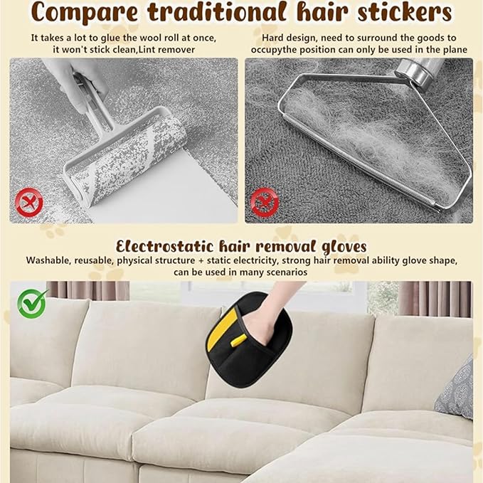 Pet Hair Remover Glove (3 Pack) Electrostatic Fur Removing Mitts for Furniture & Grooming