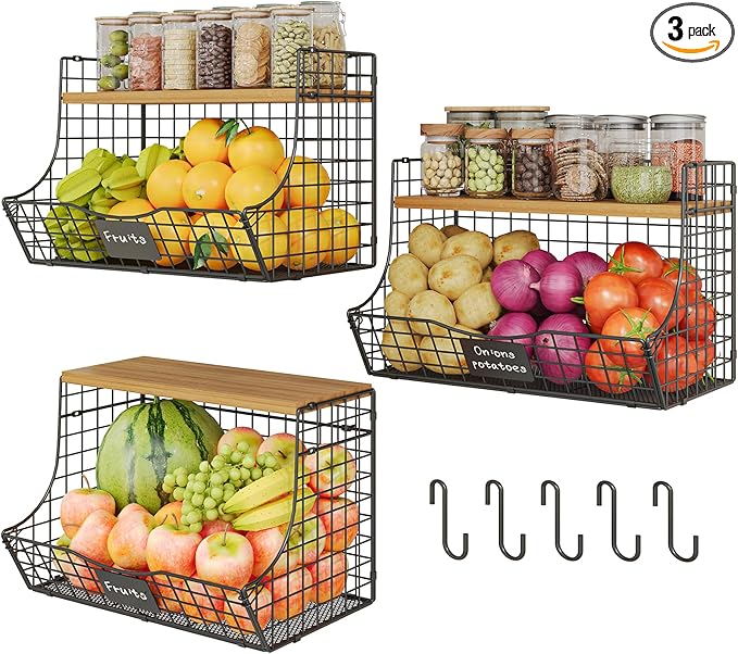 3 Pack Extra Large Fruit Basket for Kitchen with Wood Lid Nameplate - Counter&Wall Mounted Onion and Potato Storage Bin, Stackable Metal Hanging Wire Baskets,15.35 * 8.66 * 10.63 inch