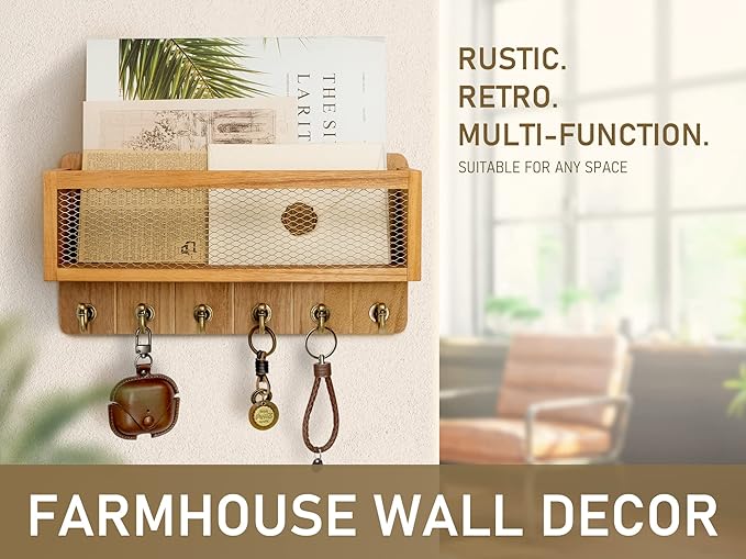 Rebee Vision Farmhouse Key and Mail Holder for Wall with Mesh Mail Basket : Decorative Mail Organizer Wall Mount with 6 Retro Key Hooks - Rustic Home Decor for Entryway (Light Brown)