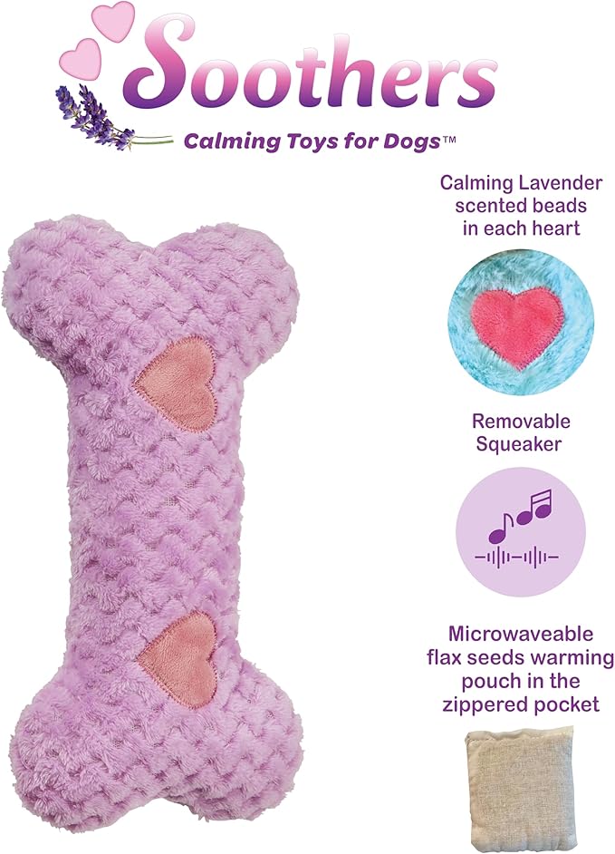 SPOT Soothers Warm Hug Bone - Calming Plush Dog Toy with Lavender Scented Beads, Removable Squeaker, Microwavable Warming Pouch, Separation Anxiety Relief, for Medium to Large Dogs and Puppies, 12in