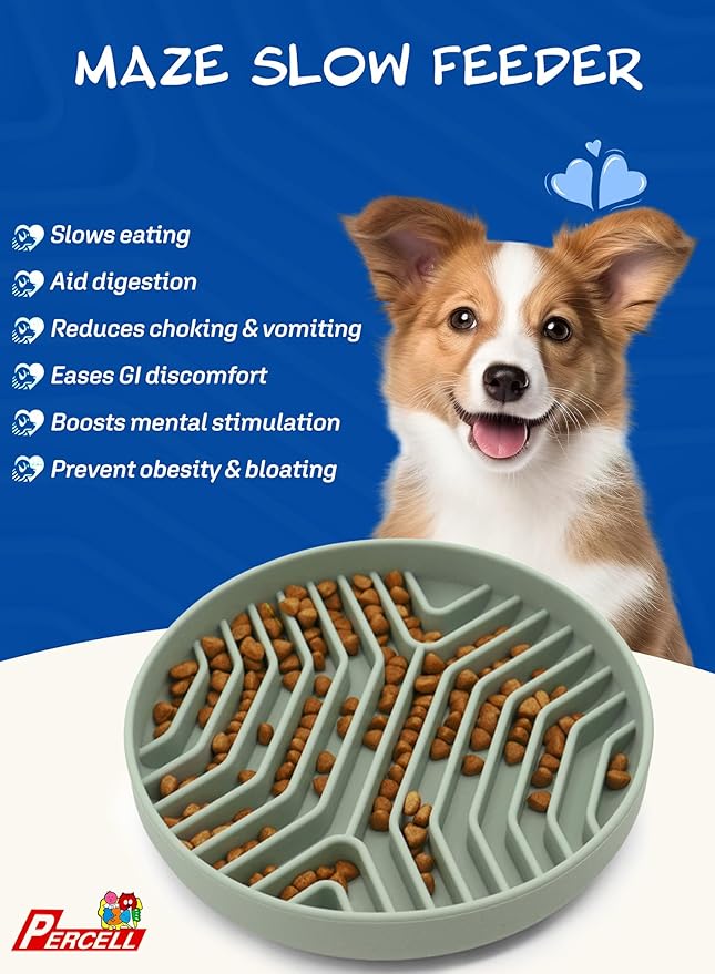 Slow Feeder Dog Bowl with Suction Cups - Non-Slip Silicone Strip Maze Design for Dogs (Light Green)