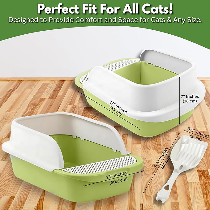 Large Open-Top Cat Litter Box with High Sides, Enclosed Scatter Shield Design, Easy Clean Plastic Litter Pan, Includes Scoop (Green)