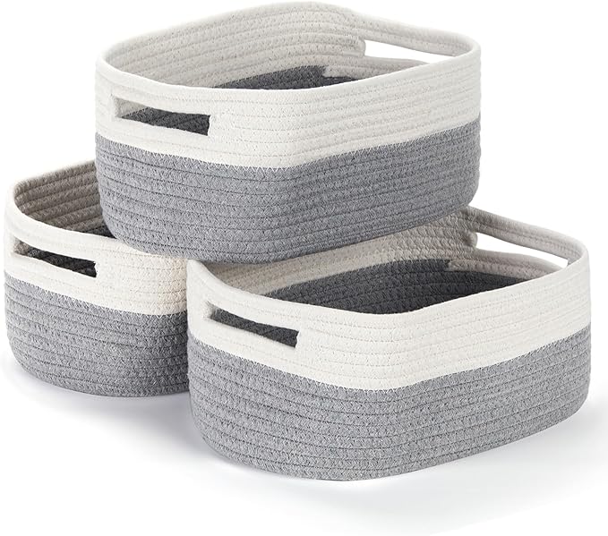 Bidtakay Small Cotton Rope Storage Baskets for Organizing 3 Pack Woven Baskets for Storage Closet Organizer Bins for Shleves 11.8×7.8×5 inch Cute Boho Decorative Basket with Handles - White&Grey