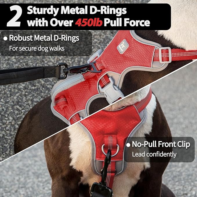 Huntboo Escape Proof Dog Harness, Escape Artist Harness, Reflective Harness with Padded Handle, Breathable, Durable, Adjustable Vest for Medium Dogs Walking, Training, and Running Gear (Red, M)
