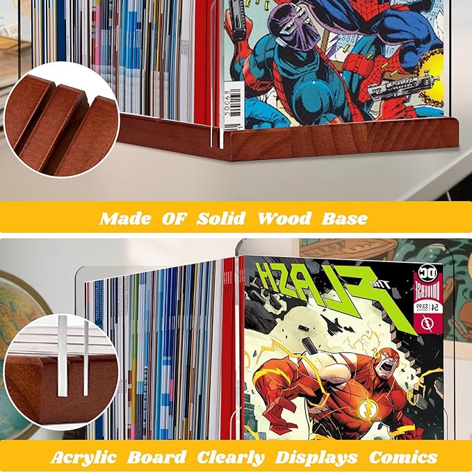 Comic Book Storage Holder，Wood Comic Book Case with three acrylic dividers，Acrylic Comics Book Box，Bin & Organizer，Stores Up To 150 Comics (Brown)