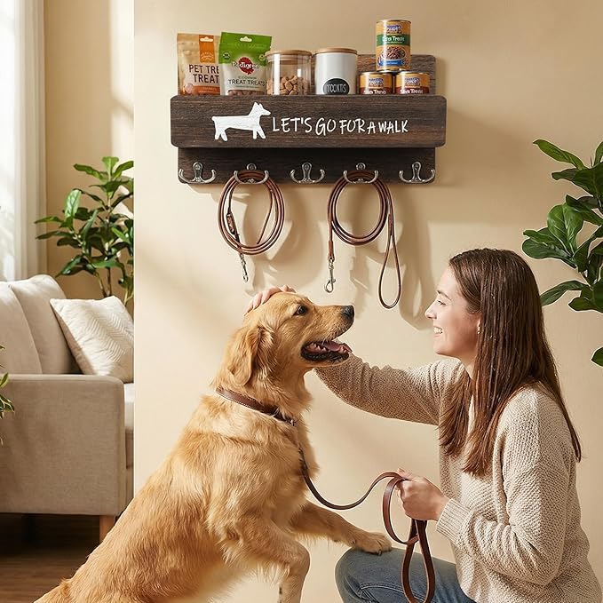 Wood Dog Leash Holder for Wall, Key Hangers with 5 Double Key Hooks, Dog Leash Hanger Wall Mounted for Entryway, Farmhouse Treats,35cm,Brown