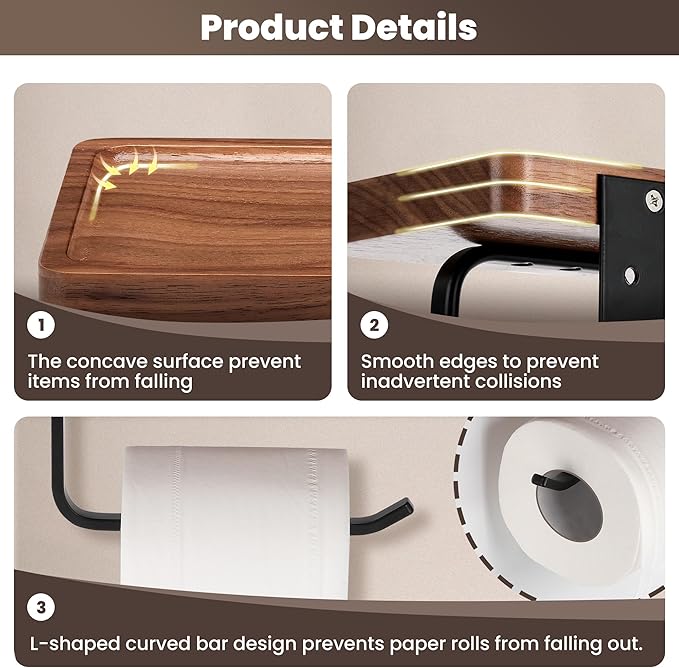 Toilet Paper Holder with Walnut Wood Shelf - Wall Mount & Self-Adhesive Bathroom Tissue Holder, Black Stainless Steel with Walnut Shelf for Phone - Home Apartment Restroom Decor Essentials