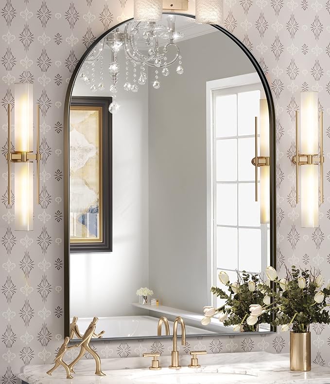 Brightify Arched Mirror, Arched Wall Mirror, 22 x 30 Inch Black Arch Mirror, Metal Frame Black Bathroom Mirror, Arched Top Bathroom Vanity Mirror for Living Room Bedroom Mantel Entryway Hallways