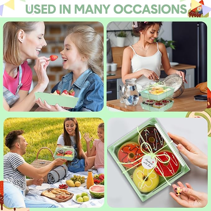 Outus 100 Pack Charcuterie Boxes with Clear Lids, 5.7 x 5.1 '', Mother 's Day Back to School Paper Food Containers Cake Take out Bakery Boxes with Gift Tags Rope for Desserts(Light Green,Classic)