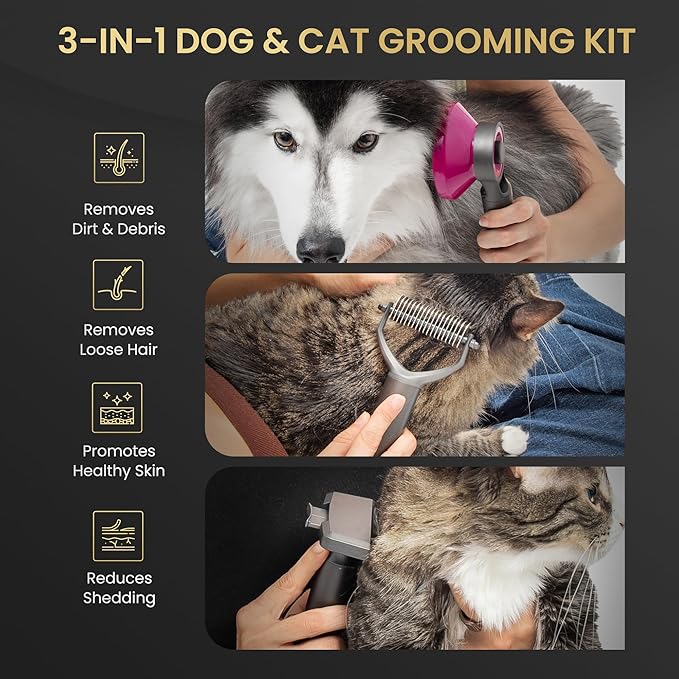 Pet Grooming Comb for Dogs and Cats - Detangling, Dematting, and Massaging with Self-Cleaning Button - Pet Care, New Puppy Gift, New Kitten Gift, Pet Grooming, Luxury Pet Care, Undercoat Rake, Black