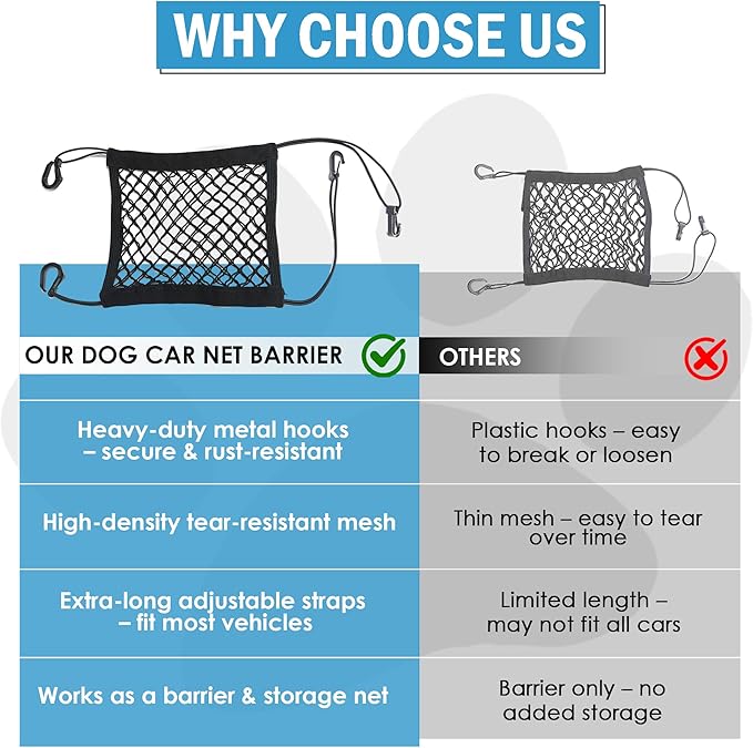 Dog Car Net Barrier - Car Barrier for Dogs & Kids Safety -Stretchable Dog Net for car - Universal Fit for Cars, SUVs,Trucks -Easy to Install - Divider for Driving Safely with Children & Pets
