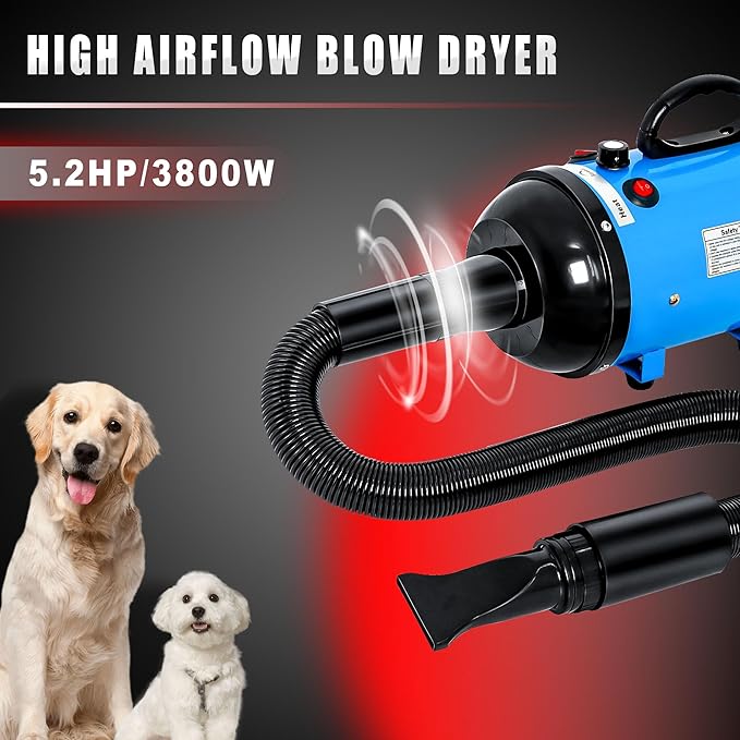 Dog Hair Dryer High Velocity Professional Dog Blow Dryer with Adjustable Speed Dog Pet Grooming Dryer Blower with 4 Nozzle 2 Blow Temperature（Blue