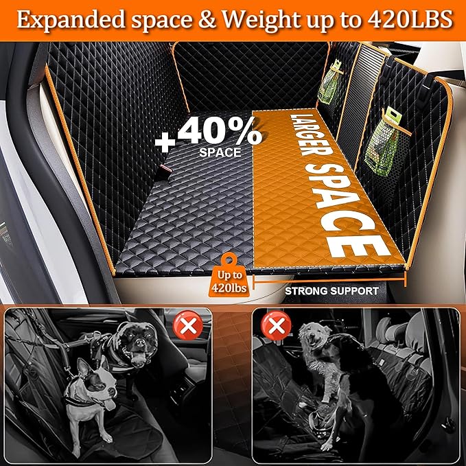 Back Seat Extender for Dogs - Large Space, Waterproof Hard-Bottom Dog Car Seat Cover for Back Seat, Holds 420lbs, Upgraded Material Waterproof Pet Car Bed Dog Hammock for Car, SUV,Truck