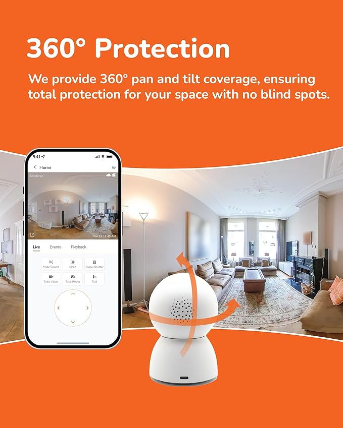 SensForge 2.5K Indoor Pan-Tilt Dome Security Camera, 360° Coverage, AI Human & Pet Detection, Two-Way Talk, Dual-Band Wi-Fi (2.4G/5G), 64GB SD Card, Free Basic Plan, Optional Subscription (1, White)