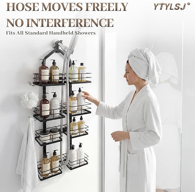 Aluminum Alloy Hanging Shower Caddy for Handheld Shower Heads, 4-Tier Adjustable Shower Rack, Rustproof Hose Hanging Shower Organizer with 2 S-Hooks, Matte Black