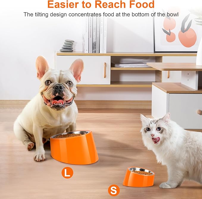 Tilted Dog Bowl Non-Slip & Non-Spill Pet Feeder with Elevated Detachable Melamine Stand, Easy to Get Food Dog Dish, M/180ml Orange