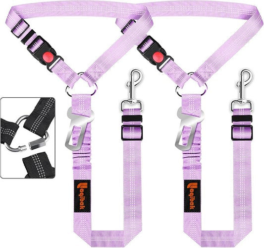 Removable Dog Seat Belt Harness for Car, 3 in 1 Pet Dog Car Seatbelt Leash, Retractable Restraint Secures to Vehicle Headrest & Adjustable Reflective Bungee Dog Seatbelt Tether, Purple