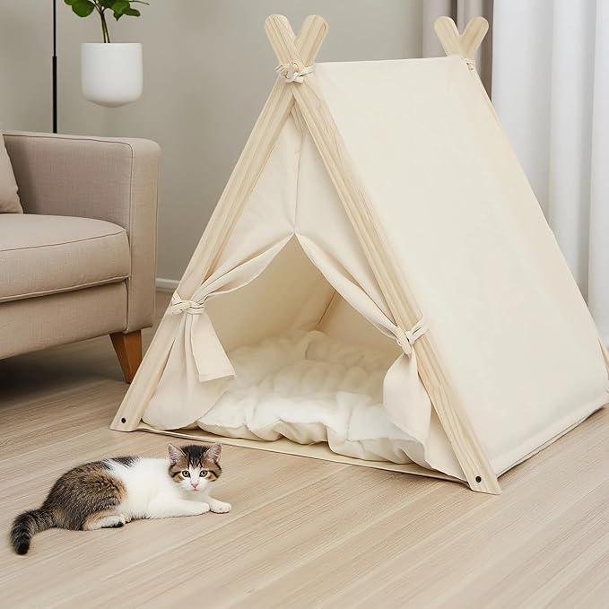 Pet Teepee with Thick Cushion, Cat Tents for Small Dogs Puppy and Cats,Portable Houses Indoor with Thick Cushion,Puppies Play House Removable and Washable,Beige