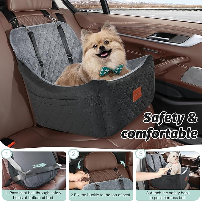 Dog Car Seat for Medium Dogs Up to 40lbs,Fully Detachable and Washable,Memory Foam Covered Soft Fabric,Easy to Install with Adjustable Straps,Anti-Slip Base,2 Side Pockets(Black/Grey,Medium)