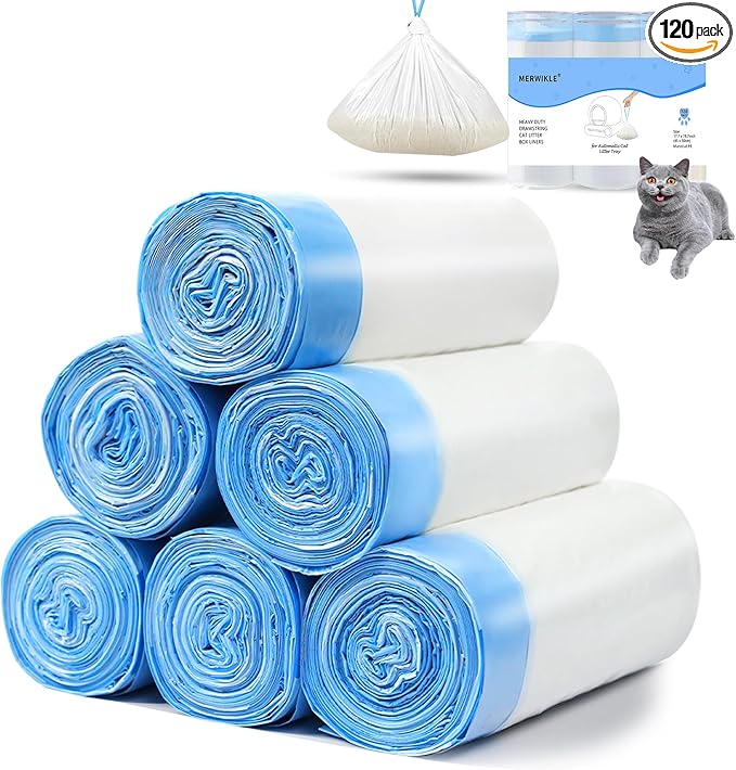 120 Count Cat Litter Box Liners Bags Compatible with MeoWant MW-SC01 / MW-SC02/ MW-LR01, Extra-Thick Cat Waste Bags for Self-Cleaning Litter Box, Drawstring Automatic Trash Bags -17.7" x 19.7"
