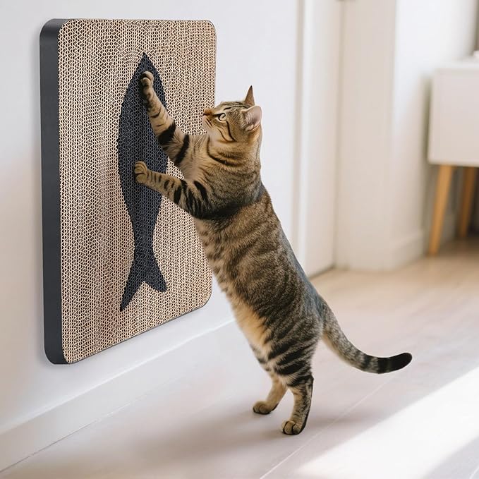 Ownpets Wall Cat Scratcher, Cute Vertical Cat Scratching Board, Wall Mounted Cat Scratch Pad for Wall, Glass, Wood, and Tile, Furniture Protector, Fish Print