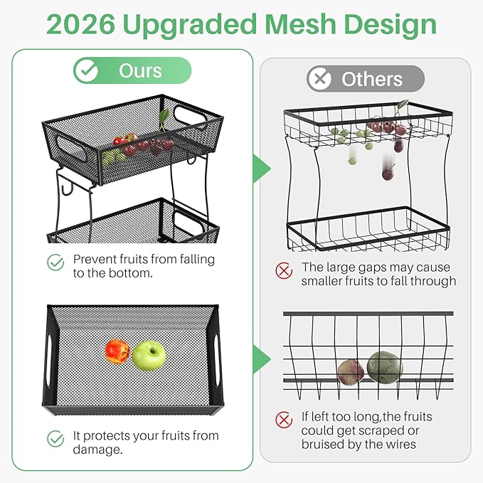 2 Tier Fruit Basket Bowl for Kitchen Counter with 2 Banana Hangers, Countertop Metal Mesh Basket Stand Fruit Holder for Veggies Onion Potato Bread Snack, 2 Pack