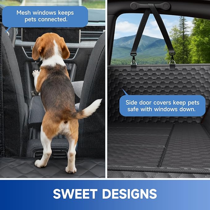 Dog Car Seat Cover for Back Seat Waterproof Oxford Fabric, Hard Bottom Seat Extender, Scratchproof, Anti-Slip, Dog Hammock for Car with Mesh Window, Fit Full Size Truck, Black