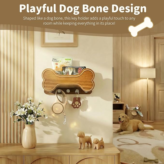 MTERSN Decorative Dog Leash Holder for Wall - Bone Key Holder Wall Mount with 5 3D Puppy Paw Hooks & Hanging Shelf for Dog Lover - Cute Stuff for Puppy Essentials (Acacia)