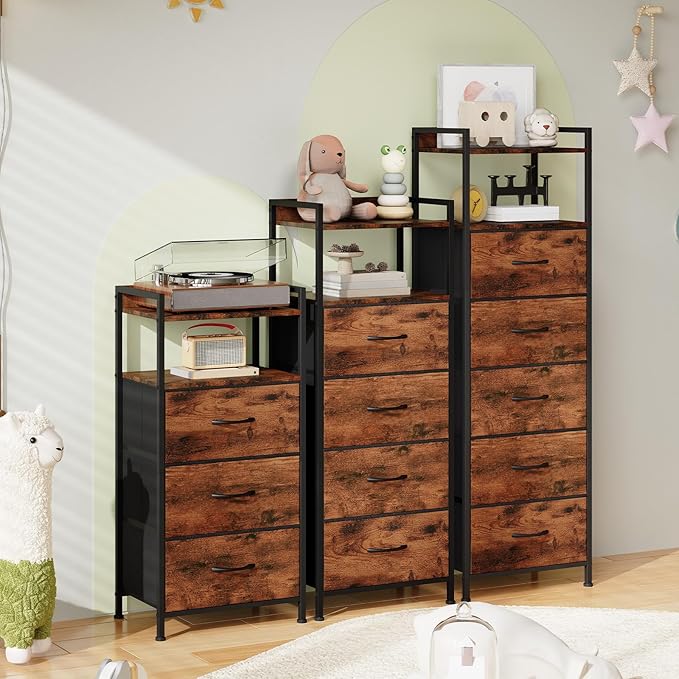 Somdot Tall Night Stand for Bedroom,Tall 5 Drawers Dresser, Vertical Storage Tower Unit, Nightstand Furniture with Fabric Drawer Organizer in Bedside Kids Room, Laundry Entryway, Wood Grain Print