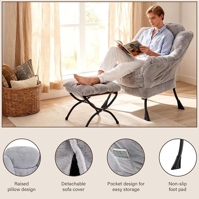 Welnow Lazy Chair with Ottoman, Modern Lounge Accent Chair with Armrests and a Side Pocket, Leisure Sofa Armchair, Reading Armchair with Footrest for Small Space, Plush Grey