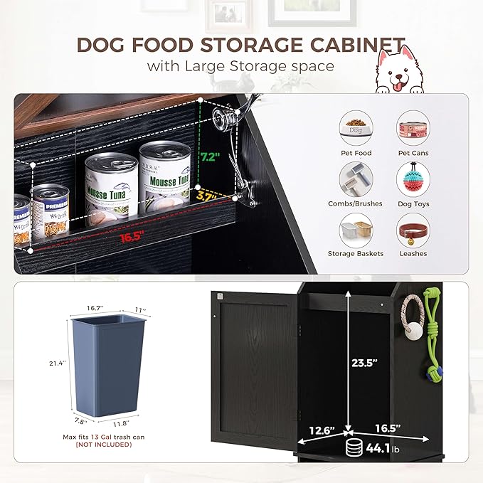FIMELLO Dog Feeding Station with Storage, Dog Food Cabinet with 2 Hidden Feeding Bowls, Flip-Top Pet Storage Cabinet, Pet Food Holder, Black Grain