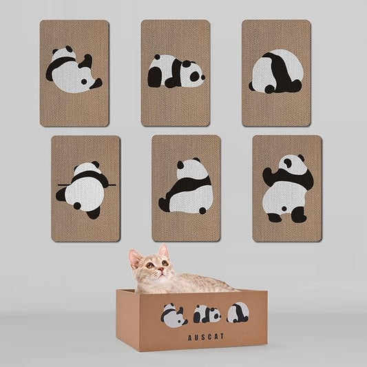AUSCAT Cardboard Cat Wall Scratcher, 7 cat Scratching Boards with Box, Wall Mounted Cat Scratching Pads for Indoor Cats, Furniture Protector, 14.5" x 9.3", Panda Pattern