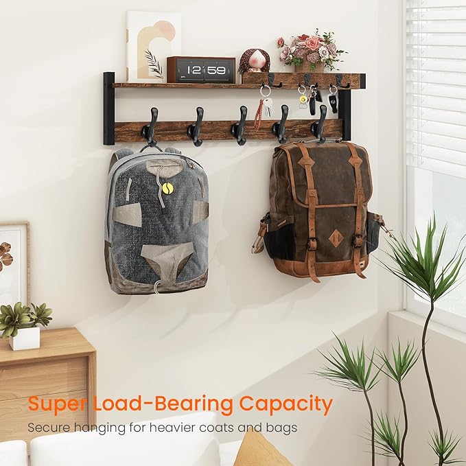 Homode Coat Rack Wall Mount with Shelf, Entryway Coat Hanger with Key Hooks and Mail Holder, 29 Inch Wood Floating Shelf with Hooks and Storage, Key Holder Mail Organizer, Rustic Brown