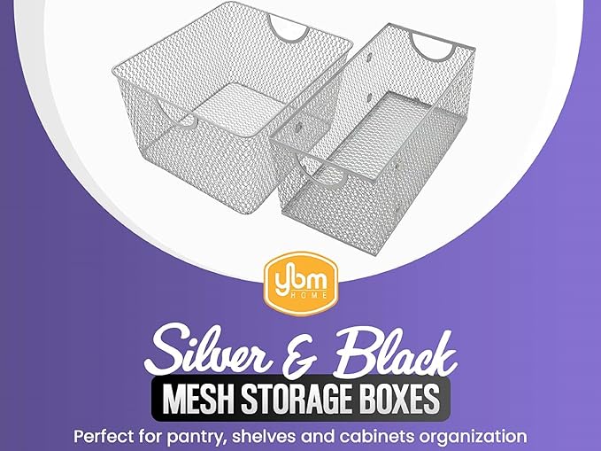 YBM HOME Mesh Stacking Bin Storage Containers for Kitchen Pantry, Cabinet and Shelves, Metal Wire Basket Rack for Fruits and Veggies, Crafts, Toys & Cleaning Items - 8-Pack, Medium 10x8.5x8 Silver