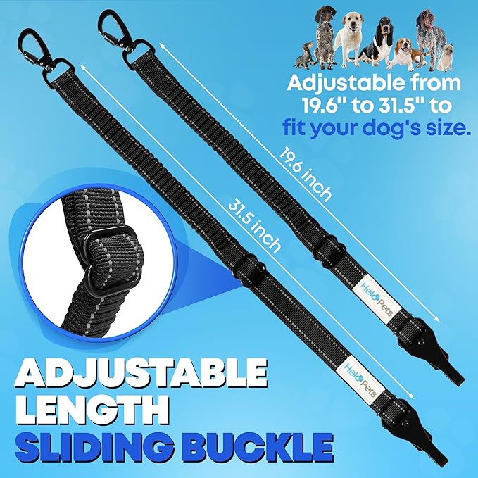 Dog Car Seat Belt 3-in-1 Adjustable Safety Seatbelt for Dogs in Car – Durable Extra Thick Nylon Webbing Bungee with Hook & Buckle Latch, Reflective Dog Harness (Black).