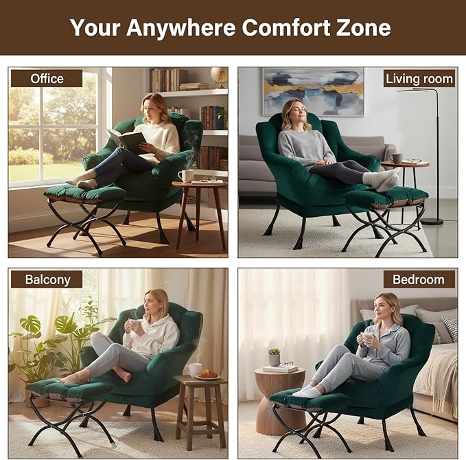 Welnow Lazy Chair with Ottoman, Modern Lounge Accent Chair with Armrests and a Side Pocket, Leisure Sofa Armchair, Reading Armchair with Footrest for Small Space, Dark Green