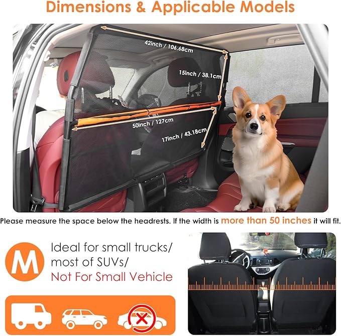 Dogs Car Barrier Wide 50", Dog Barrier Made of High Density Nylon & PVC for Anti-Scratch by Dogs, Car Dog Barrier with One-Piece Design for Easy Installation for Cars, Trucks and SUV